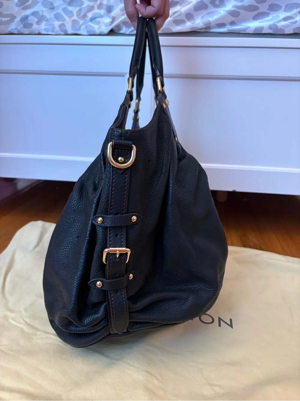 Louis Vuitton Black Leather Mahina L Hobo Bag, Comes With Original Dust Bag